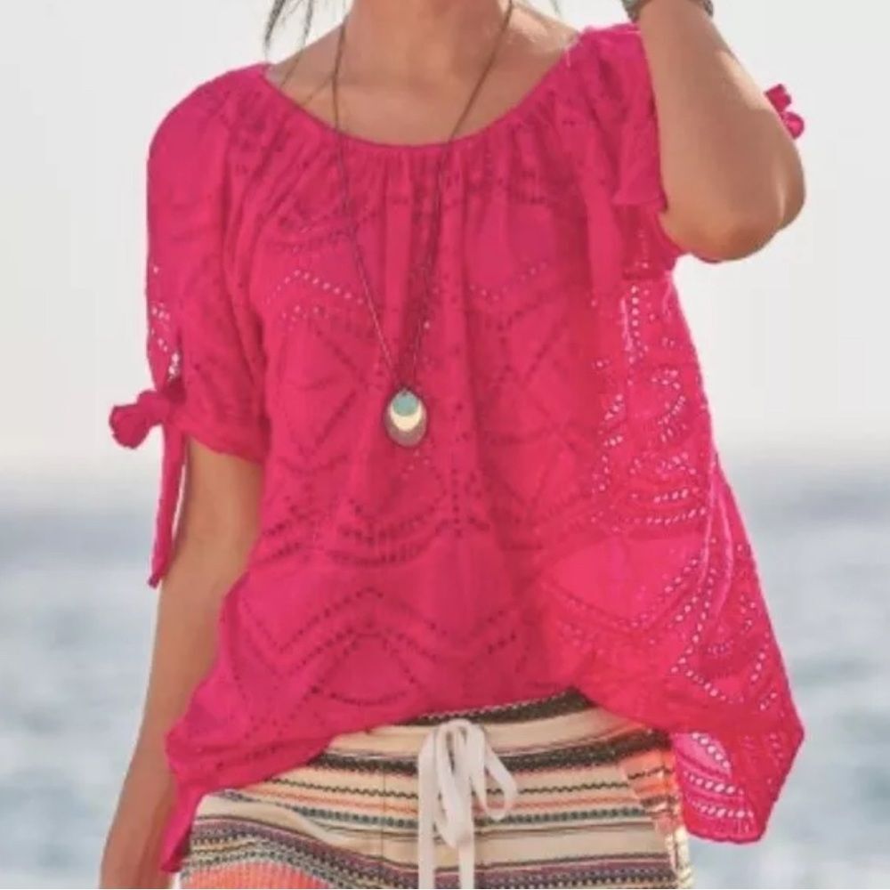 Sundance Hot Pink Eyelet Peasant Blouse